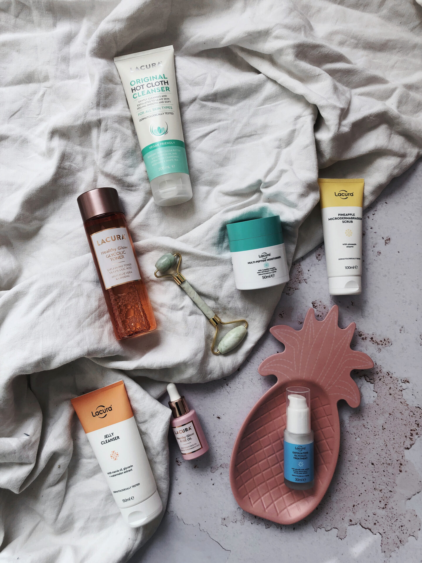 Flatlay of Vegan Skincare Aldi products on a light background