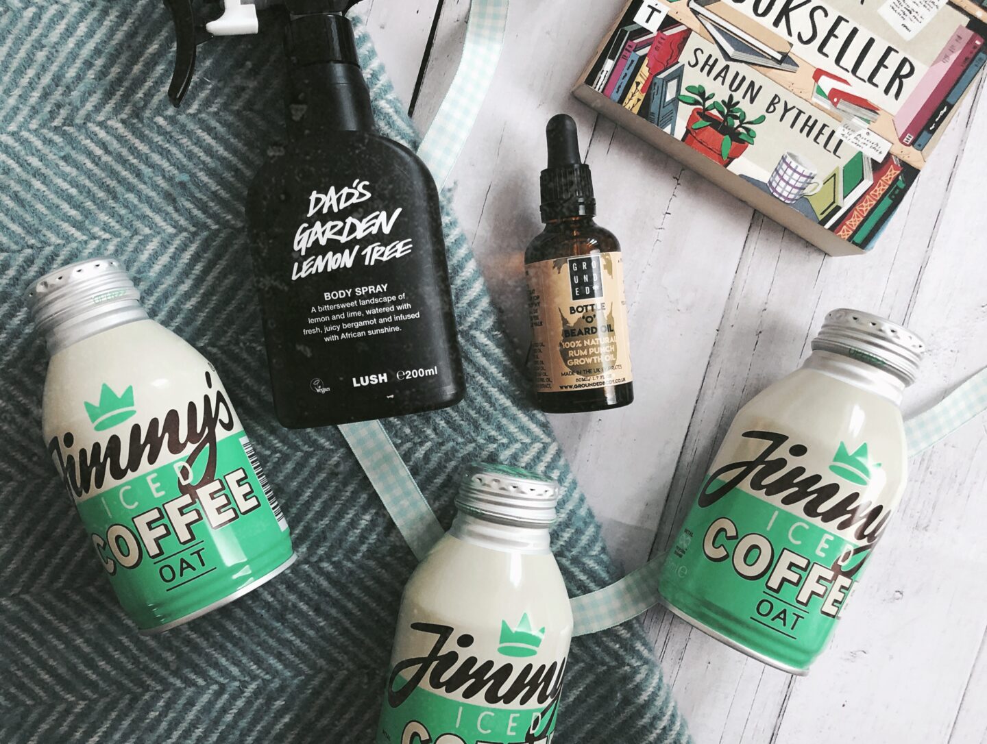 Flatlay of gift ideas for a vegan Father's Day