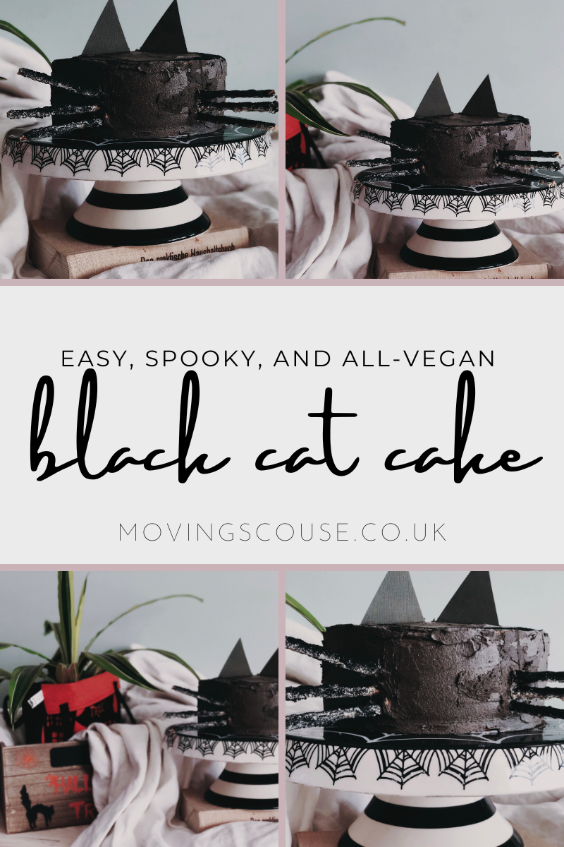 Easy Vegan spooky black cat cake on movingscouse.co.uk
